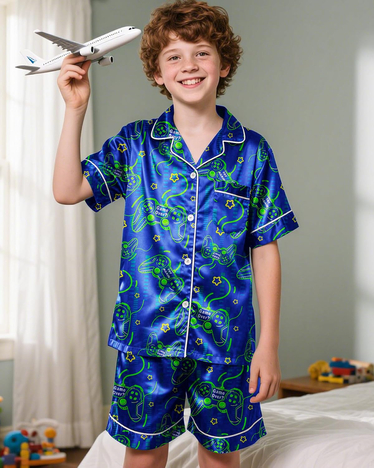 PASHOP Boys Pajamas Boys Satin Pajamas Set Summer Short Sleeve Button-Down & Shorts Pjs Kids Boy Silky Pajama Size 8-14