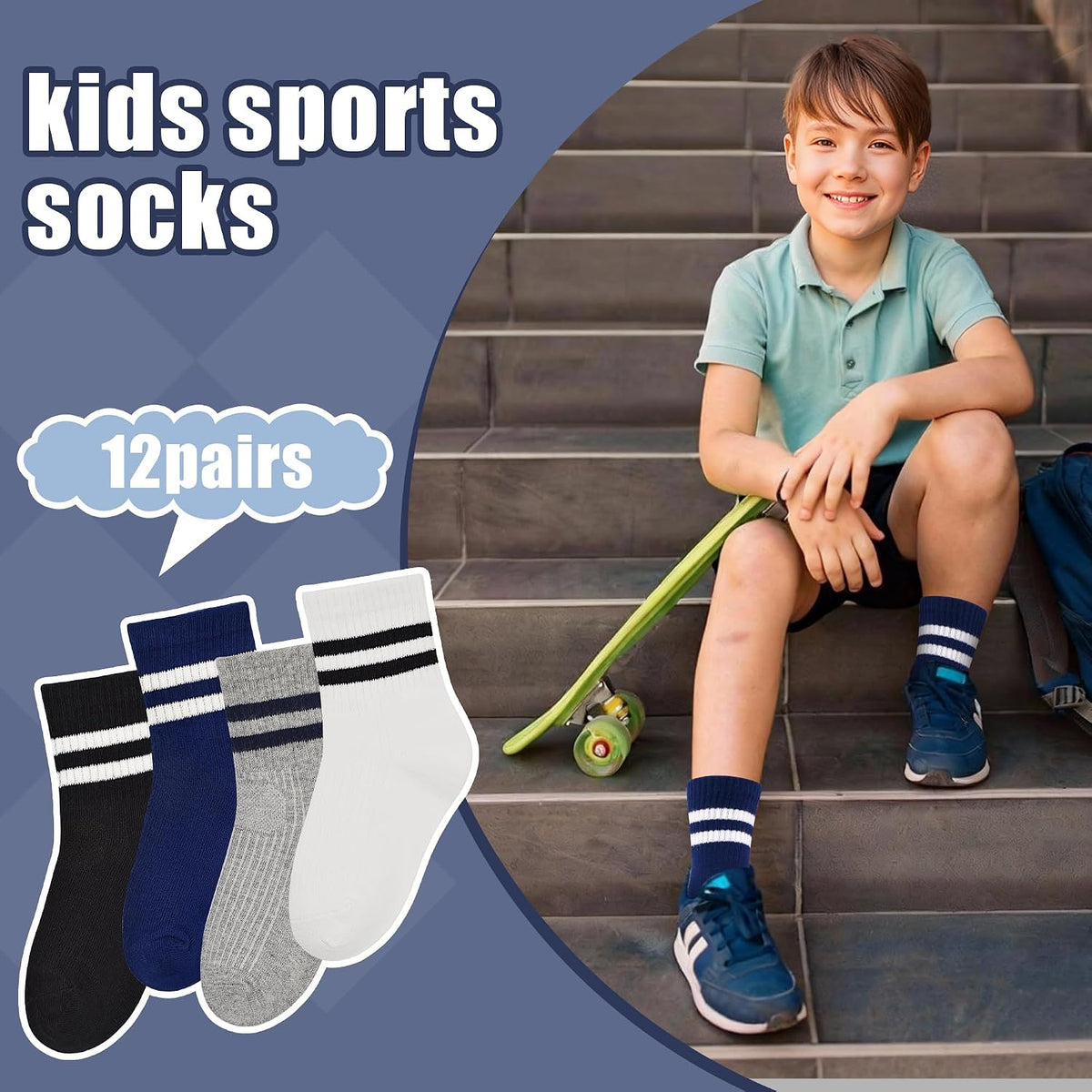 GENTABY 12 Pairs Boys Crew Socks, Kids Athletic Stripes Socks Toddler 1-12Y