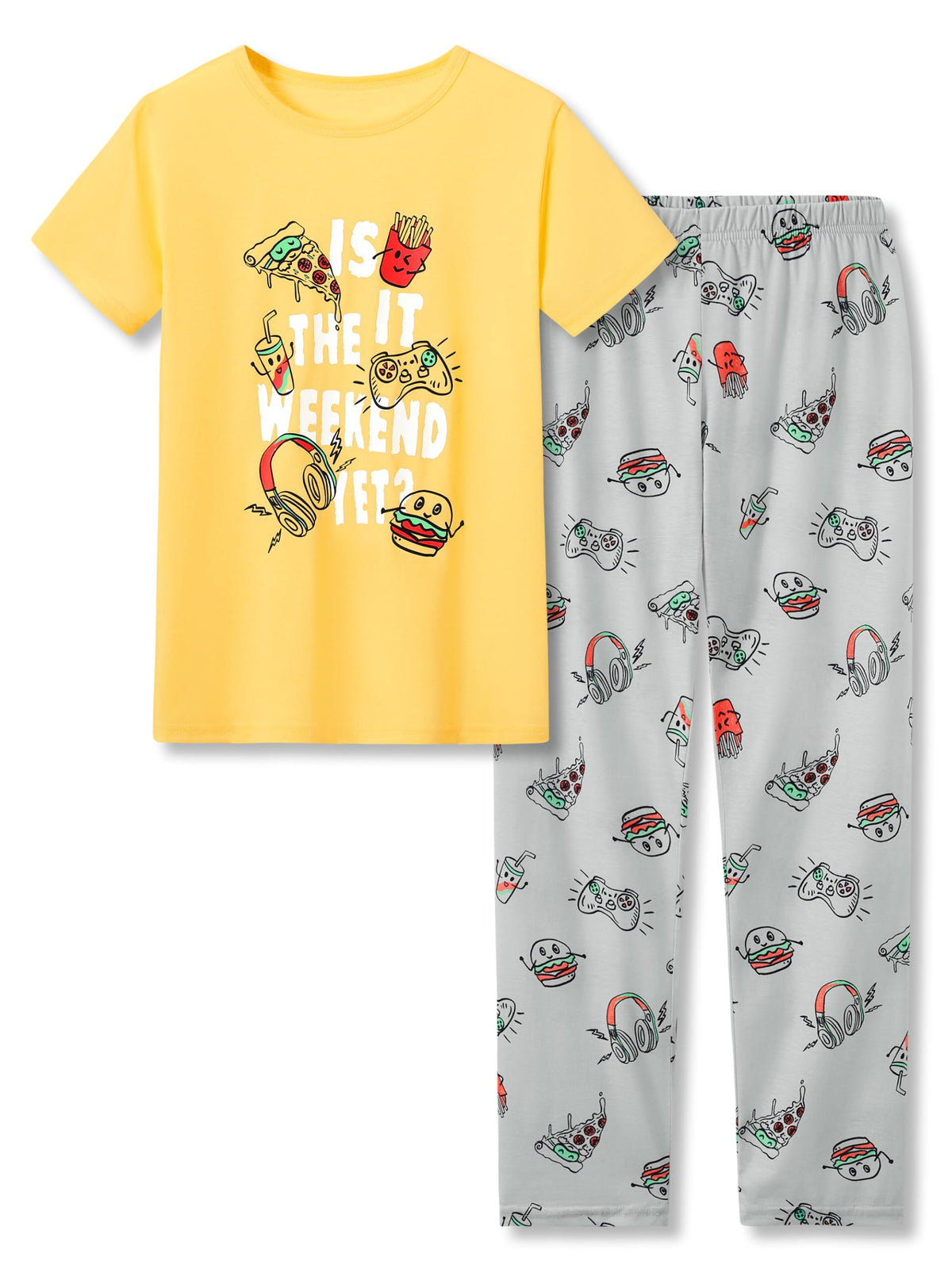 Beezizac Boys Pajamas, Teal & Navy Face Short Sleeve & Pants PJs, Size 6-18
