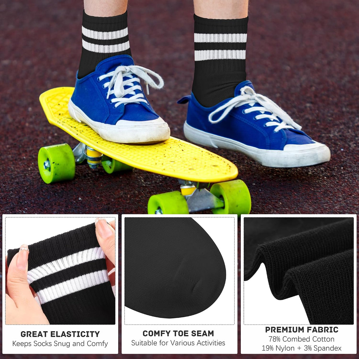 Cooraby 6 Pairs Unisex Kids Crew Socks Boys Girls Athletic Socks with Retro Stripes Soft Cotton Socks Black White Grey