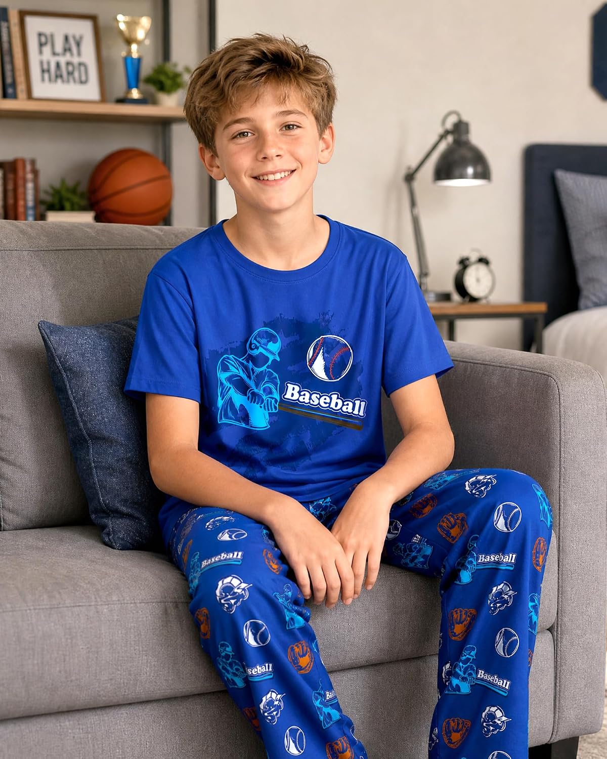 Fiodrimy Boys Pajamas 3-Piece Pjs Set Top with Shorts and Pants Sleepwear for Kids Soft Jammies Loungewear Size 8-14
