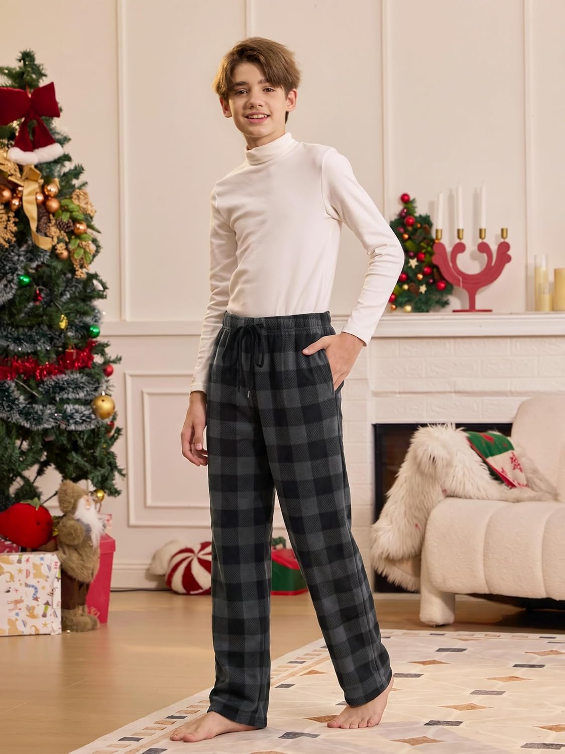 IHU 3 Pack Boys Pajama Pants Kids Micro Fleece Pj Bottoms Sleepwear Plaid Lounge Pant with Drawstring Pockets Boy Clothes