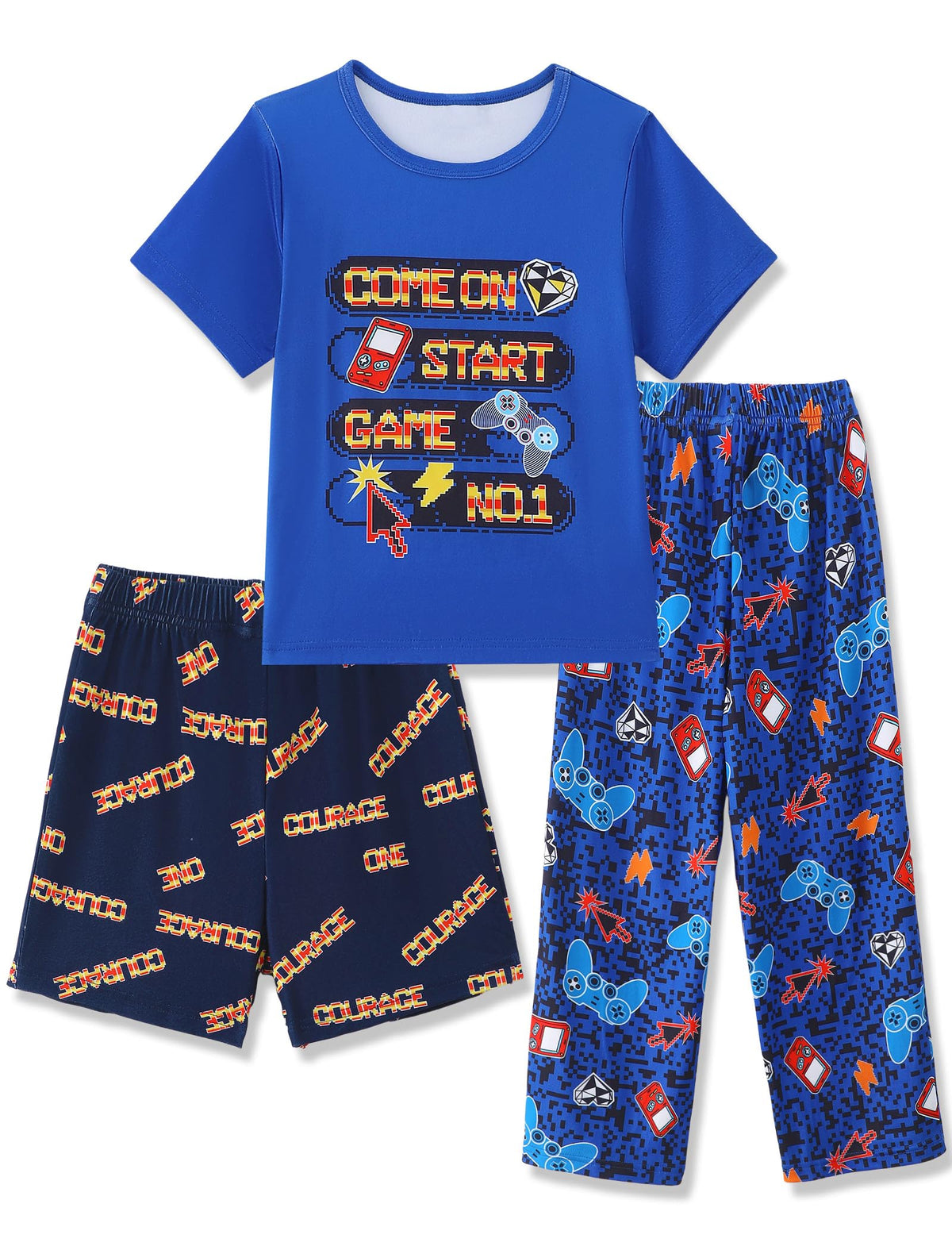 Mikrdoo Boys Pajamas 3 Piece Summer Sleepwear Soft Short Sleeves Shorts Set & Long Pants Cool PJs Size 2-14 Years