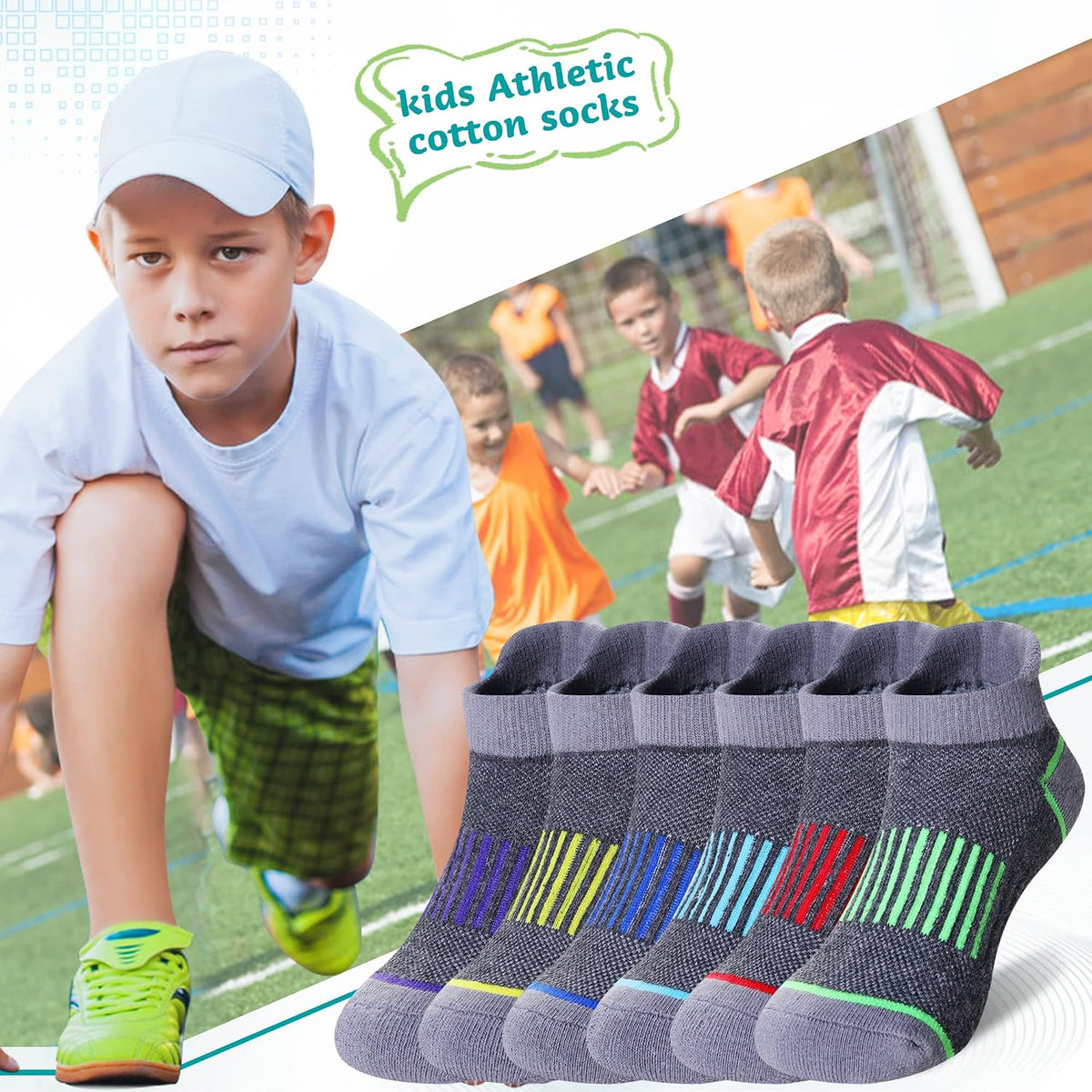 Eyean Boys Athletic Half Cushioned Ankle Socks Kids Cotton Sport Low Cut Socks 6 Pairs
