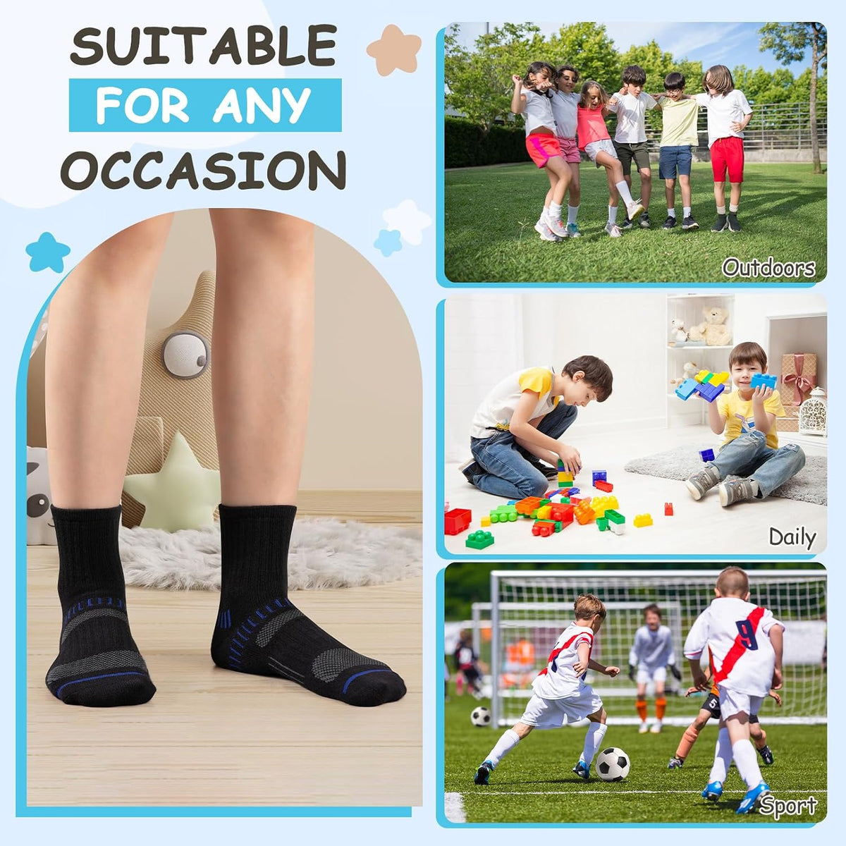 Comfoex Boys Socks Quarter Athletic Ankle Cotton Sports Socks For Kids 8-10 4-6 6-8 Years Old With Cushioned Sole 6 Pairs