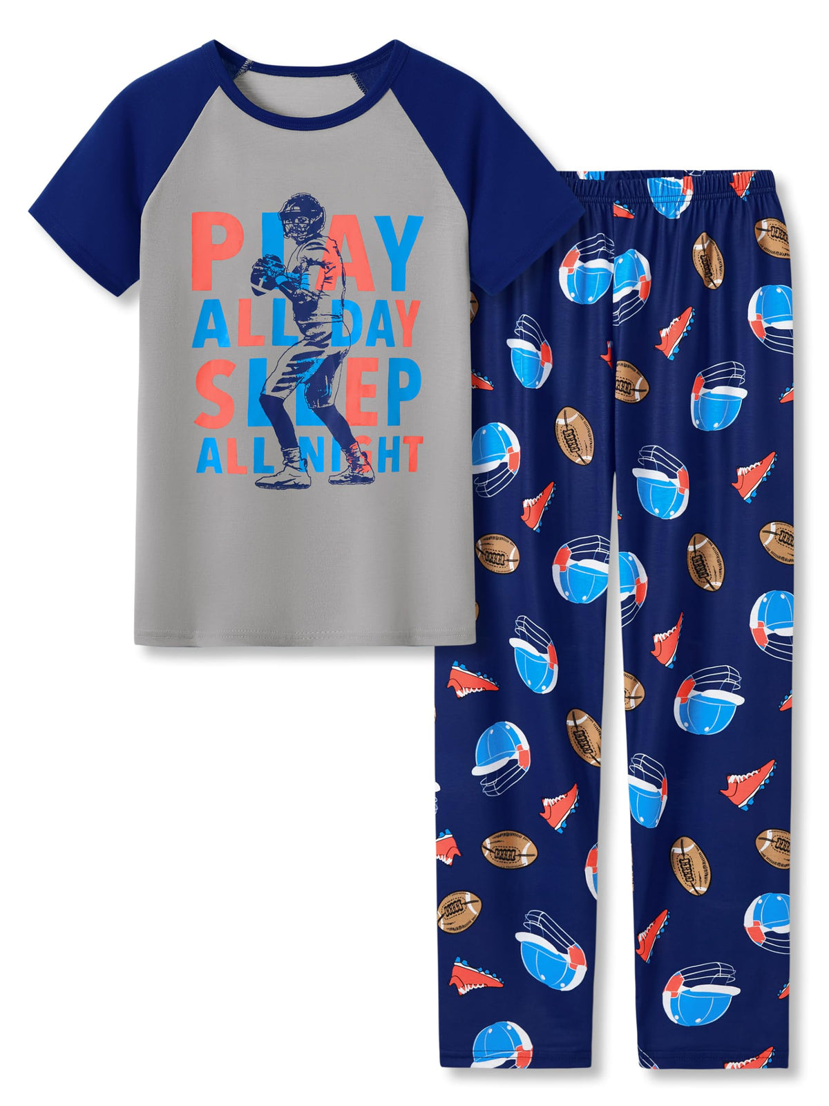 Beezizac Boys Pajamas, Teal & Navy Face Short Sleeve & Pants PJs, Size 6-18