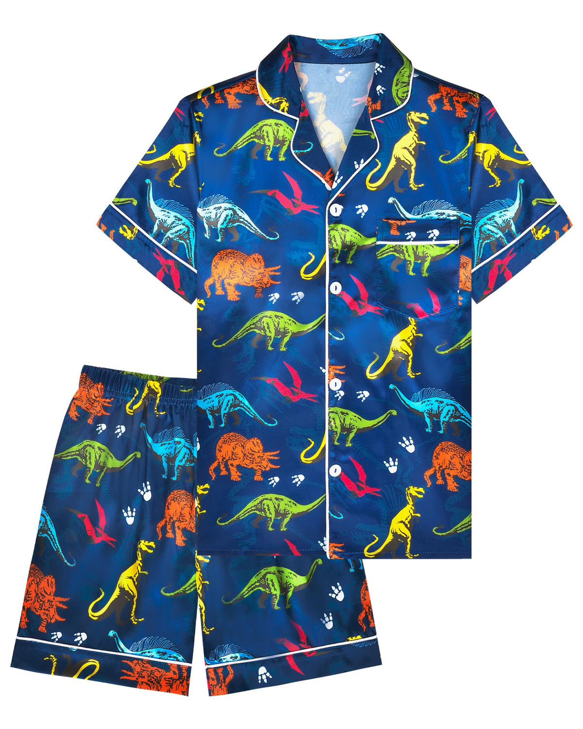 PASHOP Boys Pajamas Boys Satin Pajamas Set Summer Short Sleeve Button-Down & Shorts Pjs Kids Boy Silky Pajama Size 8-14