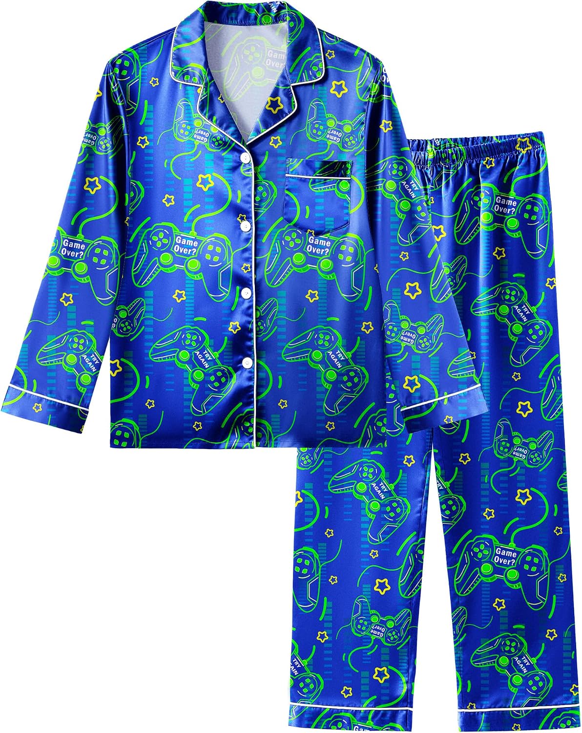 Fiodrimy Boys Pajamas Silky Satin Big Boys PJs Set 2 Piece Sleepwear Button Down Kids Jammies Loungewear Clothes Size 8-14