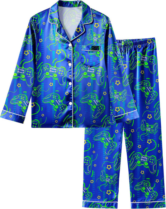 Fiodrimy Boys Pajamas Silky Satin Big Boys PJs Set 2 Piece Sleepwear Button Down Kids Jammies Loungewear Clothes Size 8-14