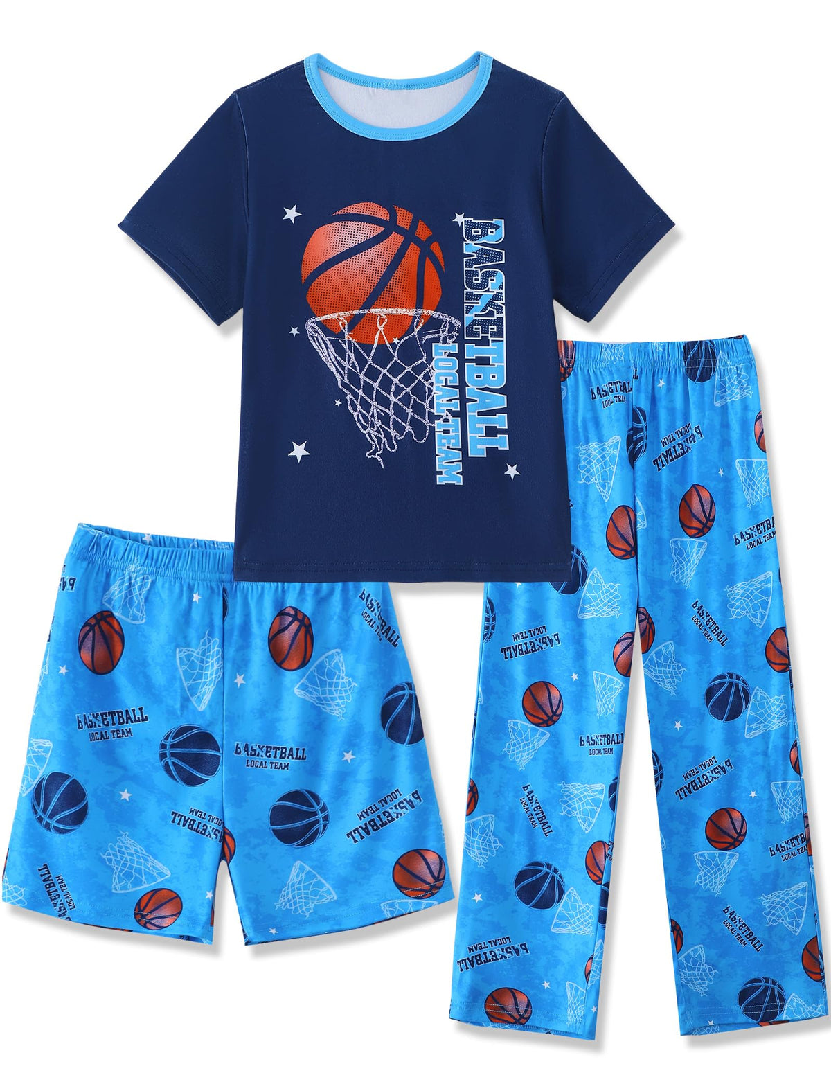 Mikrdoo Boys Pajamas 3 Piece Summer Sleepwear Soft Short Sleeves Shorts Set & Long Pants Cool PJs Size 2-14 Years