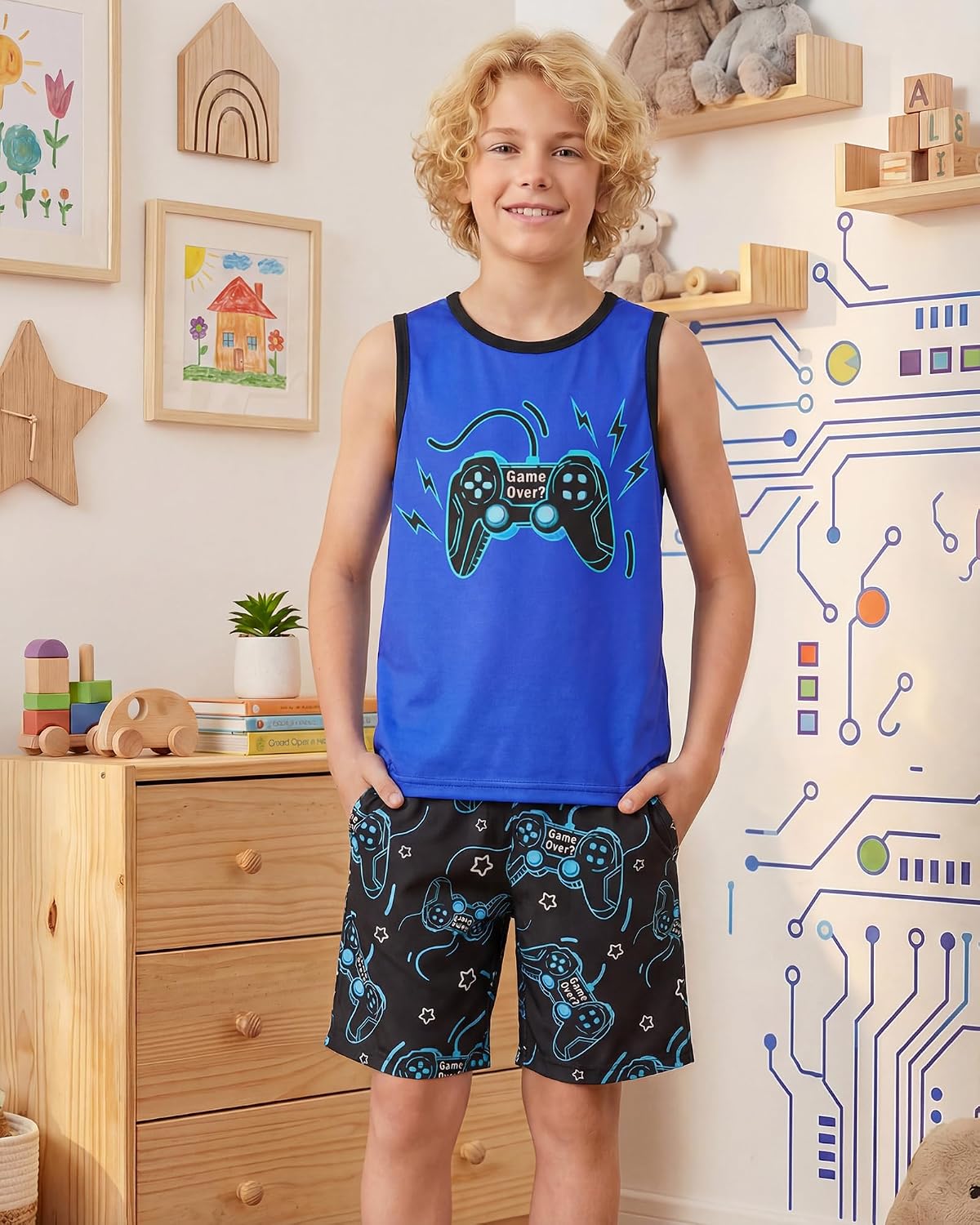 Fiodrimy Boys Pajamas Big Boys Pjs Set 2-Piece ank Top & Shorts Sleepwear Cute Comfy Kid Clothes Size 8-16