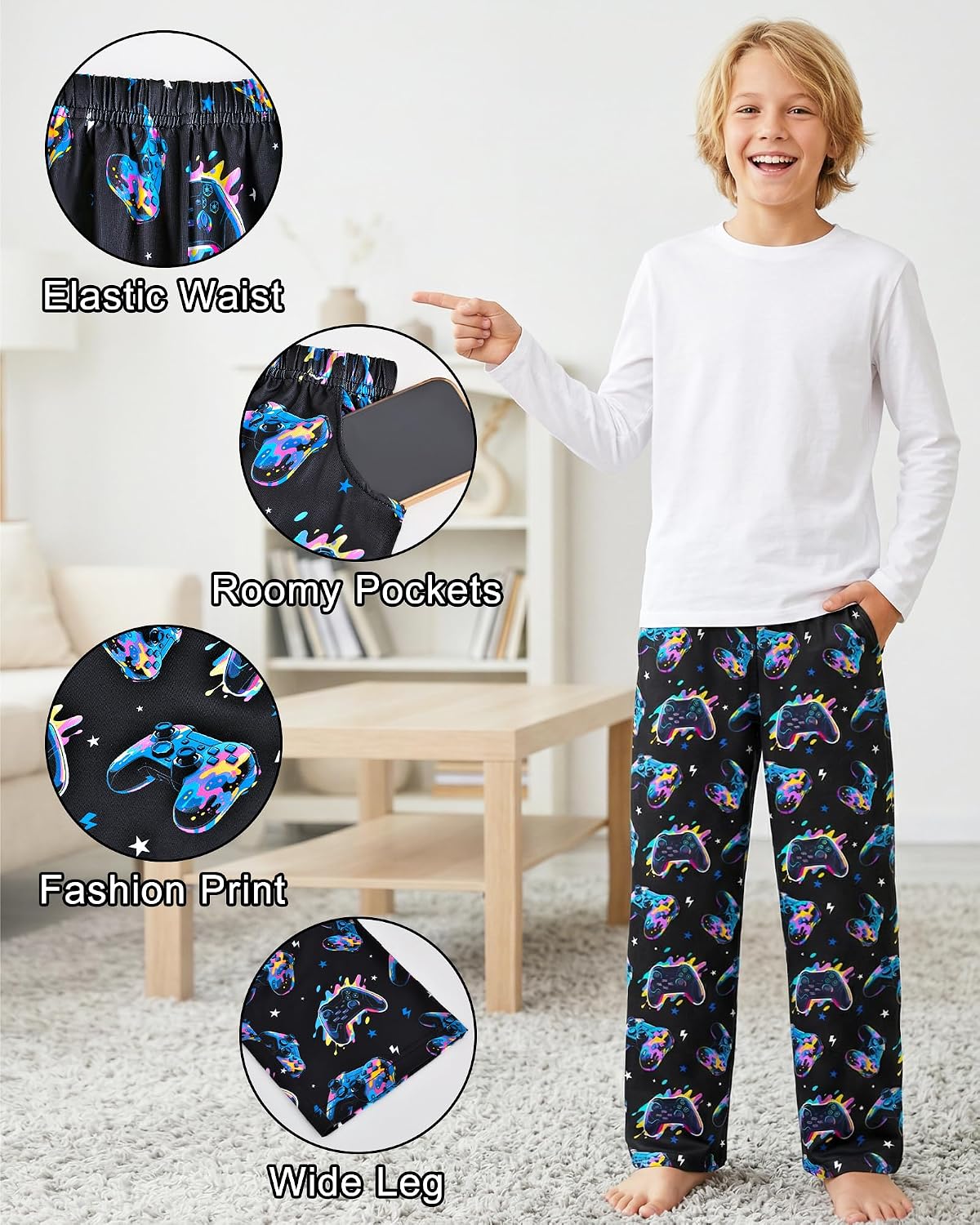 Boys Pajama Pants Soft Pj Bottoms Elastic Waist Lounge Pants Long Sleep Bottoms with Pockets Size 9-14