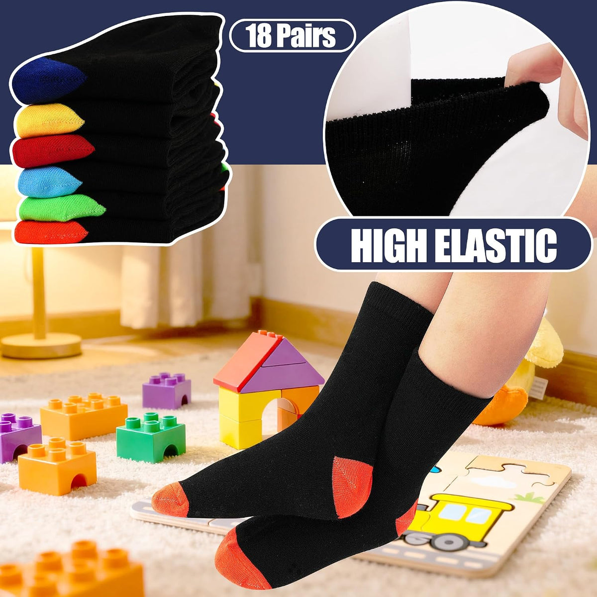 18 Pairs Boys Socks, Crew Socks for Boys Dress School (1-14 Years)
