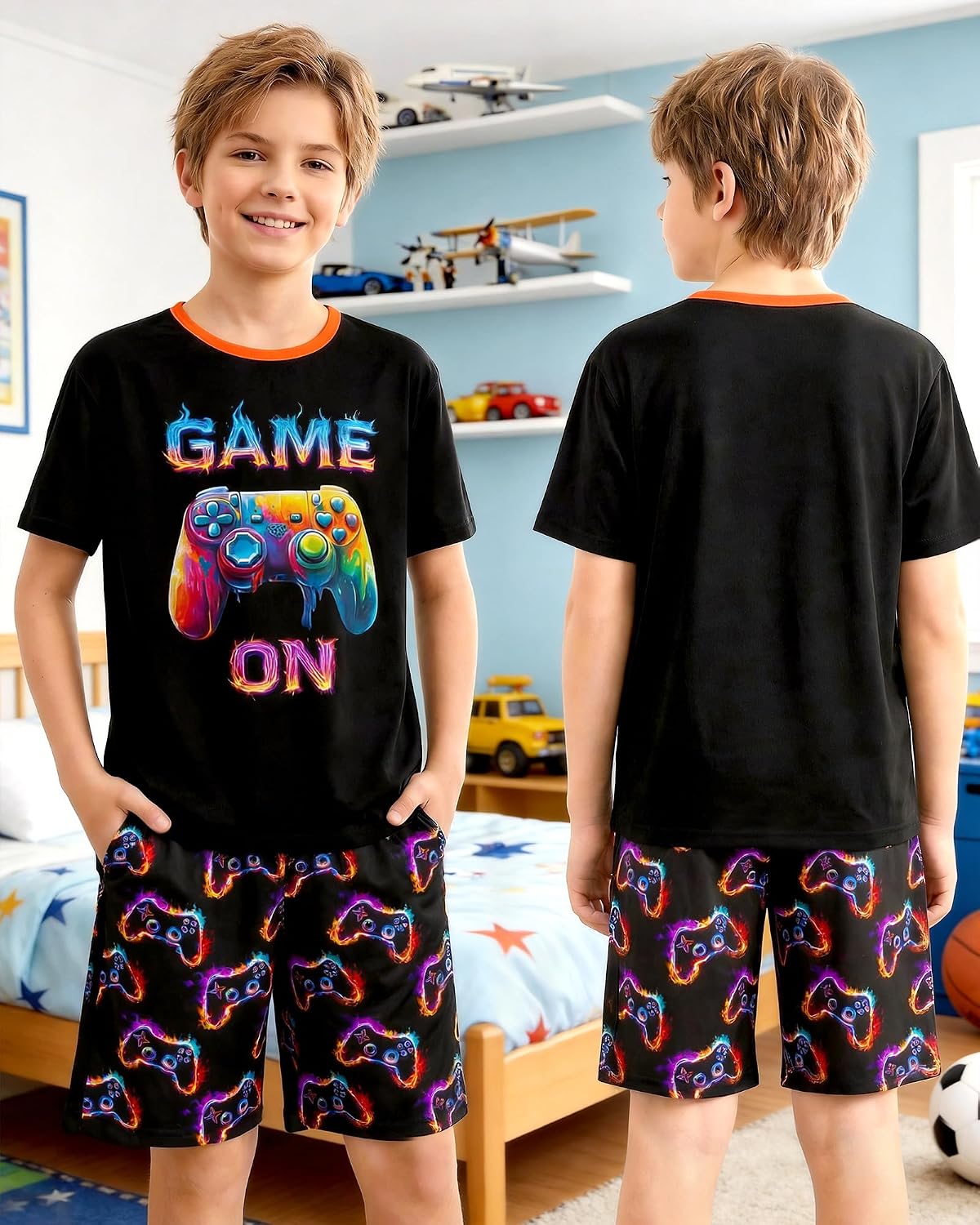 Fiodrimy Boys Pajamas Big Boys Pajamas Short Sleeves & Shorts 2 Pieces Summer Pjs Set Kid Sleepwear Lounge Clothes Size 8-14