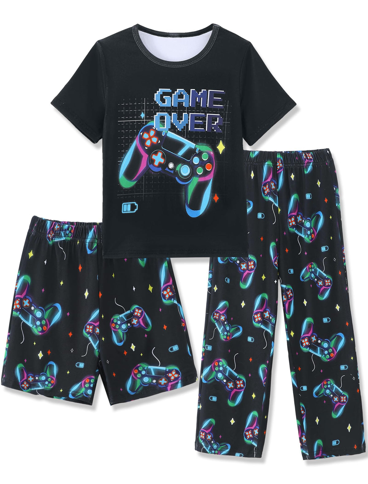 Mikrdoo Boys Pajamas 3 Piece Summer Sleepwear Soft Short Sleeves Shorts Set & Long Pants Cool PJs Size 2-14 Years