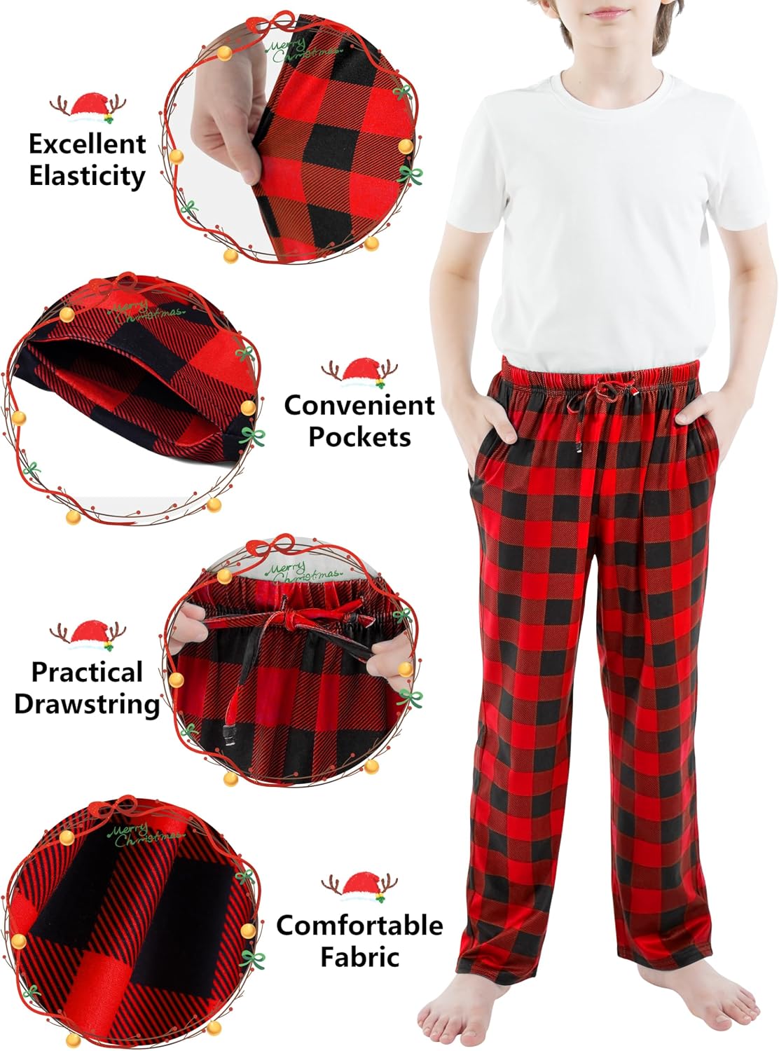 Cooraby 4 Pack Boys Plaid Pants with Pockets Elastic Waist Drawstring Printed Plaid Pants Christmas for Boys Girls