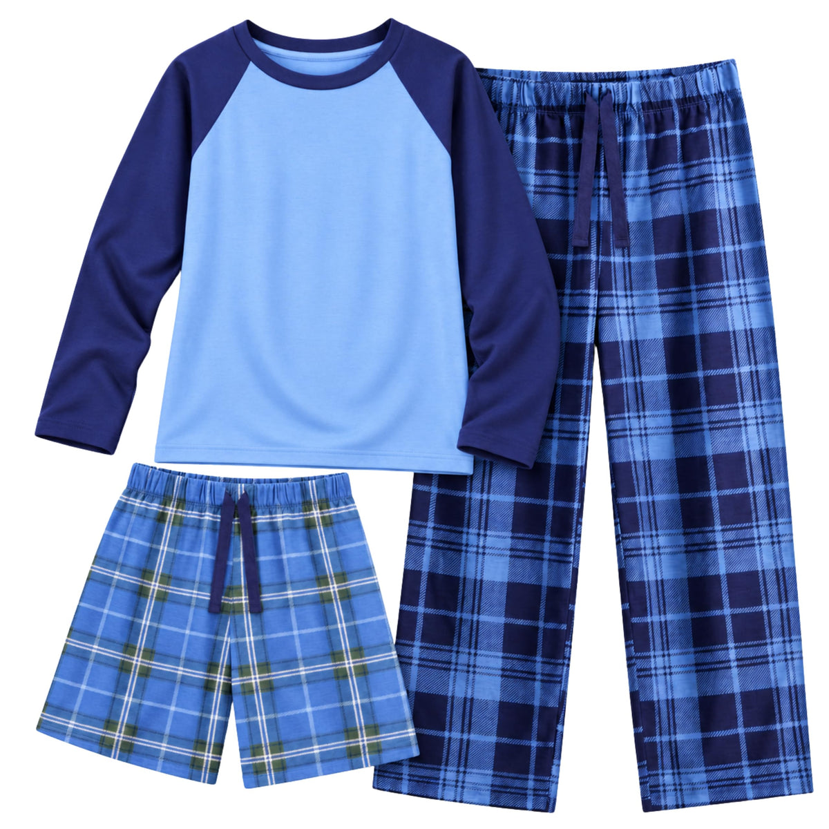 US Angels Boys Pajamas Set | 3-Piece Pant, Shirt, Shorts Sleepwear Pjs for Kids | Loose Fit, Soft, Breathable Blue Plaid