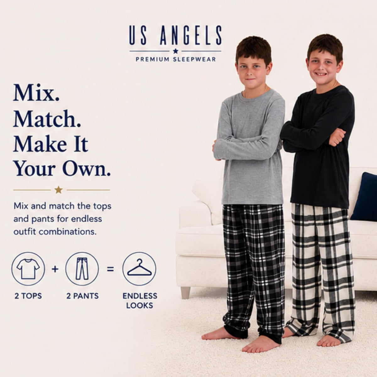 US Angels Boys Pajamas Set | 4-Piece Long Sleeve & Fleece Pants | Soft Warm Sleepwear Pjs for Kids & Teens