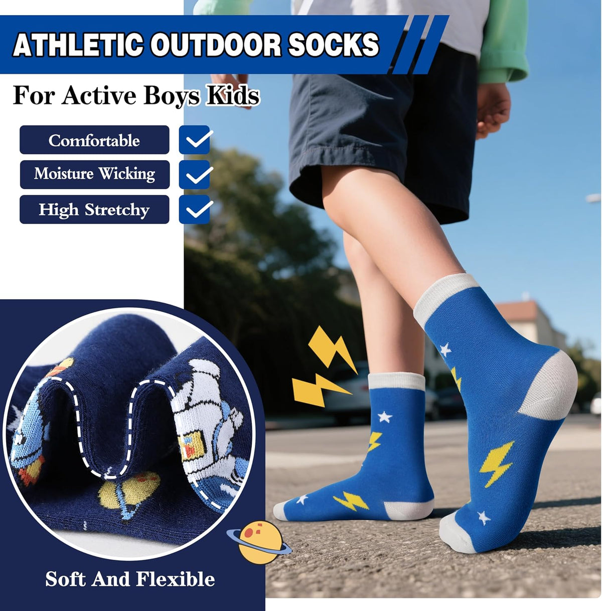 Kids Boys Fun Cotton Crew Socks Funny Crazy Cartoon Novelty Space Trucks Star Dress Socks 6 Pairs