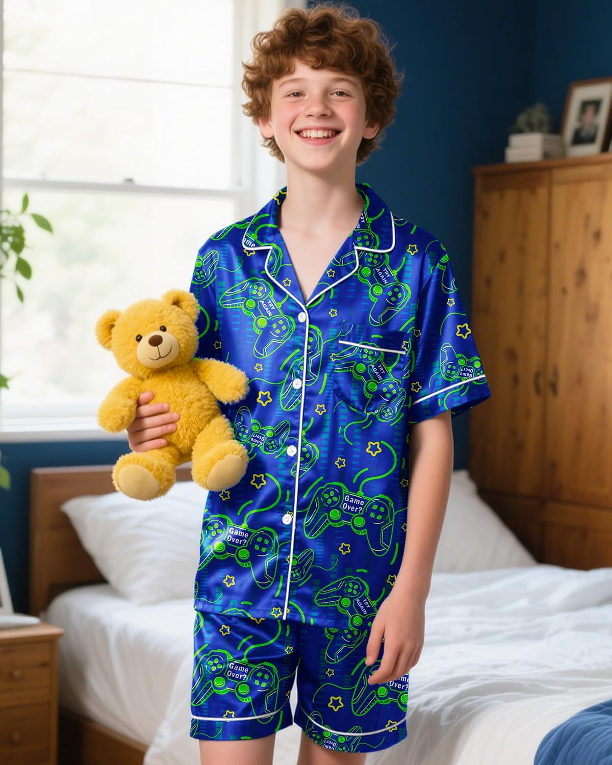 PASHOP Boys Pajamas Boys Satin Pajamas Set Summer Short Sleeve Button-Down & Shorts Pjs Kids Boy Silky Pajama Size 8-14