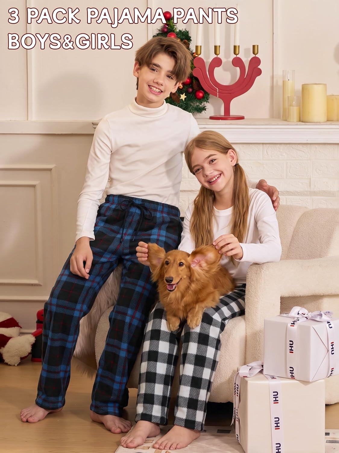 IHU 3 Pack Boys Pajama Pants Kids Micro Fleece Pj Bottoms Sleepwear Plaid Lounge Pant with Drawstring Pockets Boy Clothes