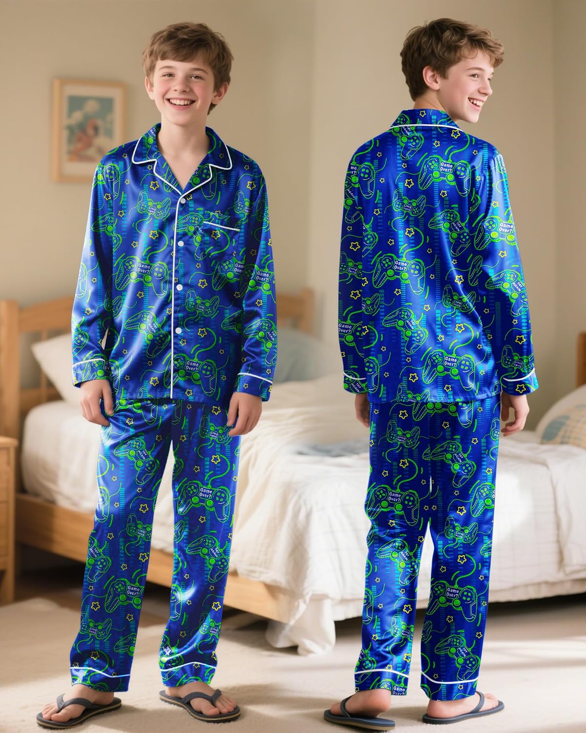 Fiodrimy Boys Pajamas Silky Satin Big Boys PJs Set 2 Piece Sleepwear Button Down Kids Jammies Loungewear Clothes Size 8-14