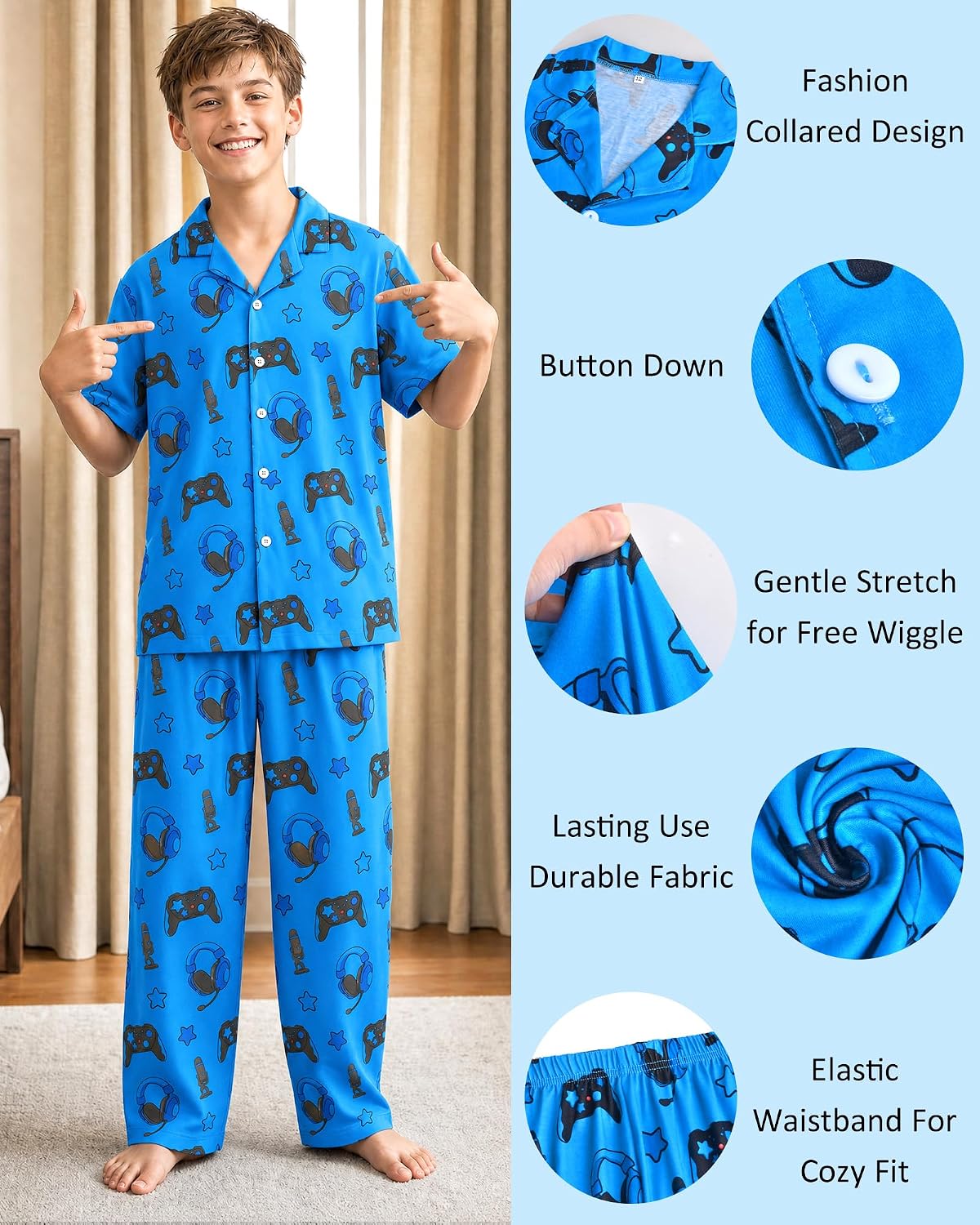 Fiodrimy Boys Pajamas Big Boys Pjs Set Short Sleeves and Pants Sleepwear for Kids Button-Down Jammies Loungewear Size 7-14
