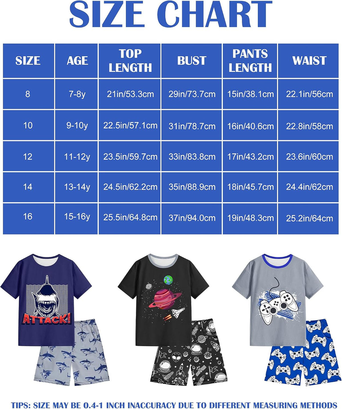 PASHOP Boys Pajamas Boys Summer Pajamas Short Sleeve & Sleep Shorts Set 2 Piece Summer Kids Boy Pjs Sleepwear Sets Size 8-16