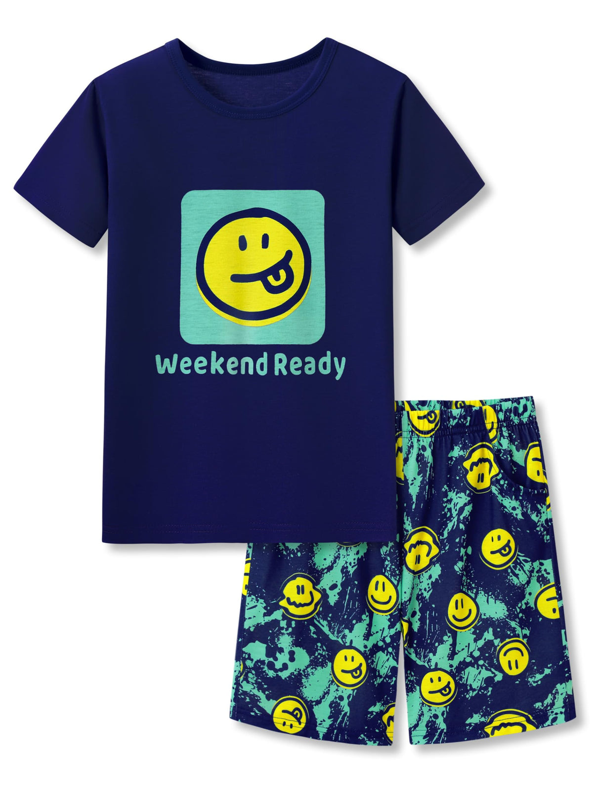 Tebbis Boys Comfy Raglan Pajama Set Fun Print Tee & Shorts Sizes 6-18