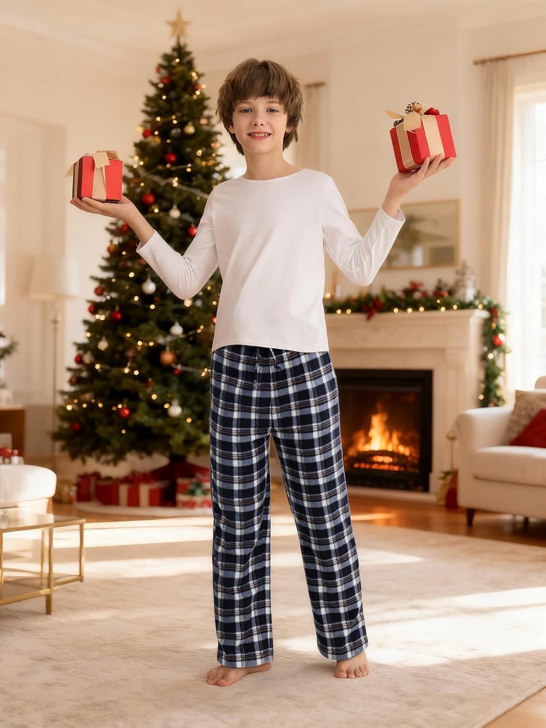 Motarto 4 Pack Boys Soft Pants Micro Fleece Kids Christmas Plaid Pants Elastic Waistband with Pockets Drawstring