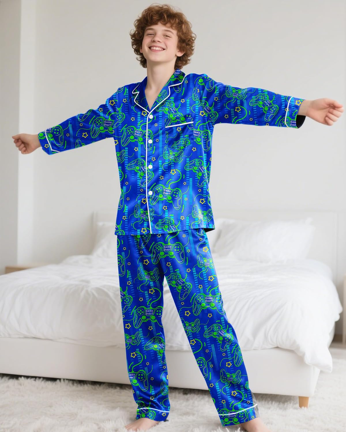 Fiodrimy Boys Pajamas Silky Satin Big Boys PJs Set 2 Piece Sleepwear Button Down Kids Jammies Loungewear Clothes Size 8-14