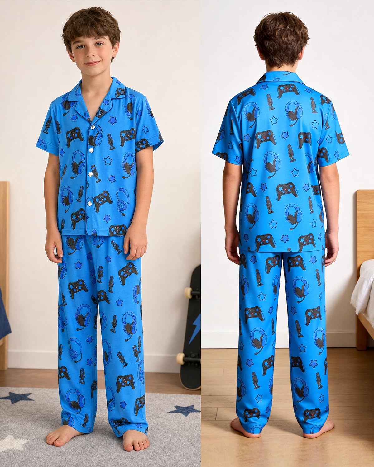 Fiodrimy Boys Pajamas Big Boys Pjs Set Short Sleeves and Pants Sleepwear for Kids Button-Down Jammies Loungewear Size 7-14