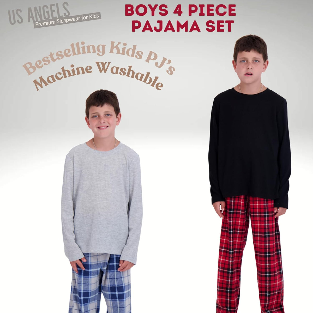 US Angels Boys Pajamas Set | 4-Piece Long Sleeve & Fleece Pants | Soft Warm Sleepwear Pjs for Kids & Teens
