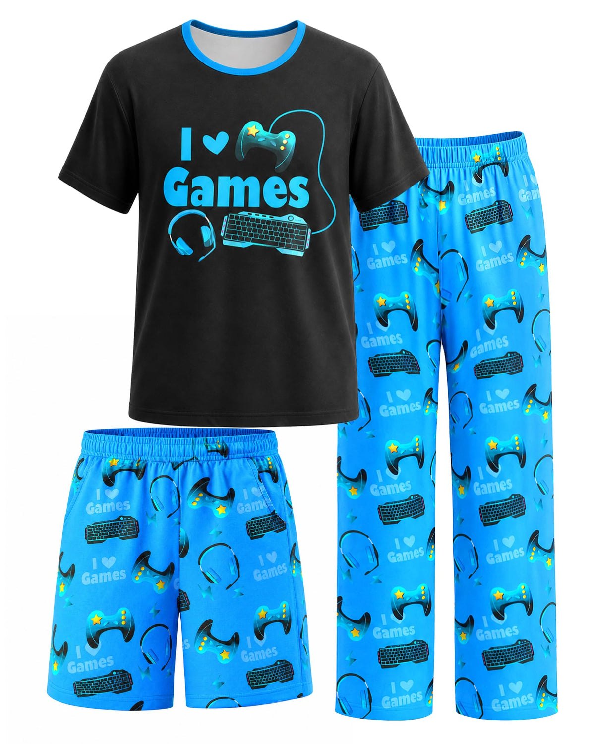 Fiodrimy Boys Pajamas 3-Piece Pjs Set Top with Shorts and Pants Sleepwear for Kids Soft Jammies Loungewear Size 8-14