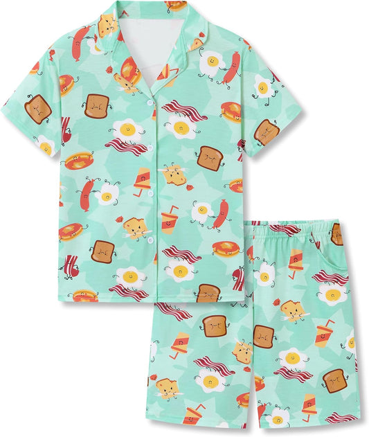 Beezizac Boys Pajamas Fun Prints Button-Down Short Sleeve Set Sizes 6-18