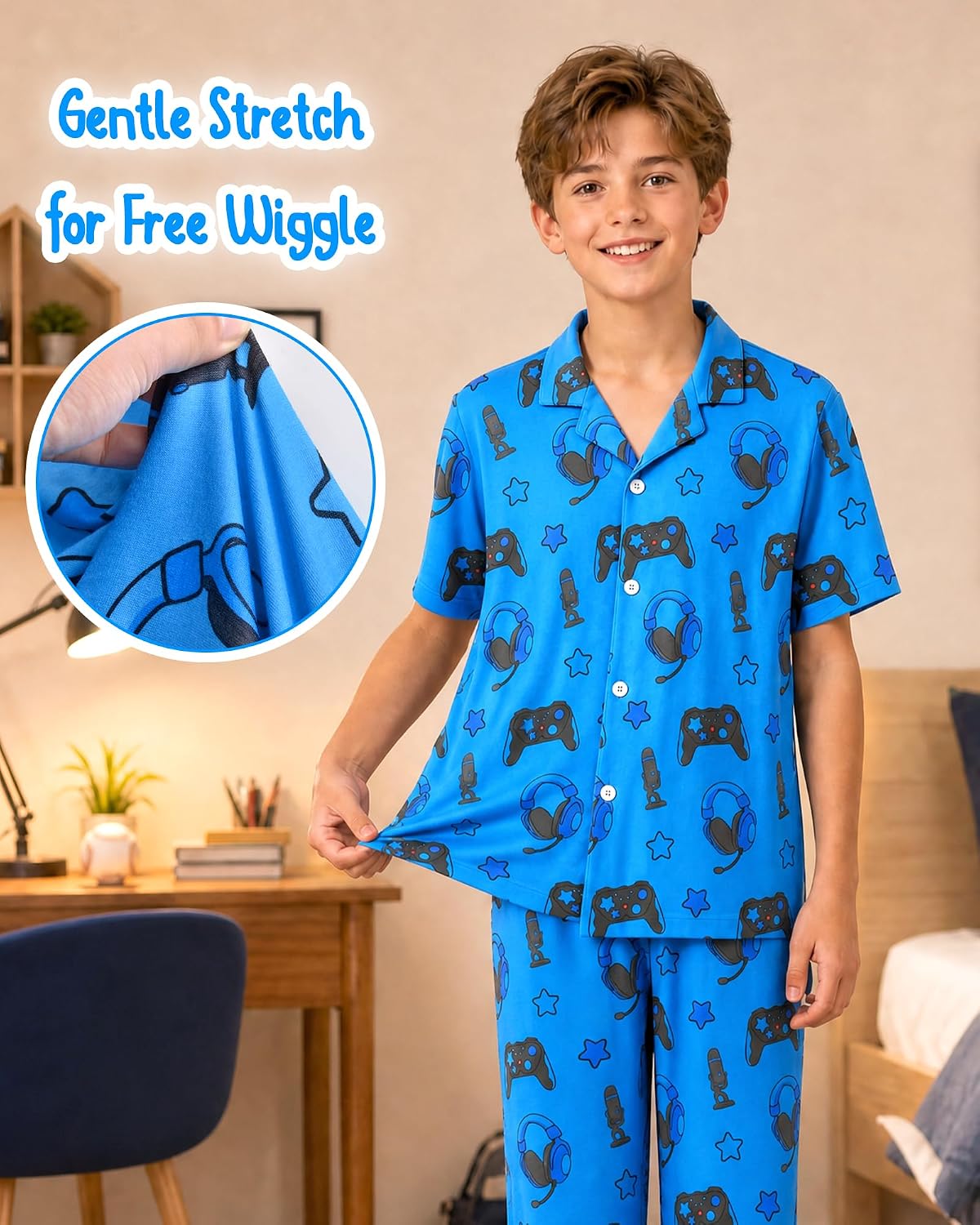 Fiodrimy Boys Pajamas Big Boys Pjs Set Short Sleeves and Pants Sleepwear for Kids Button-Down Jammies Loungewear Size 7-14
