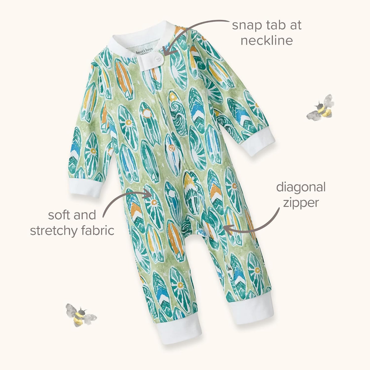 Burt's Bees Baby Unisex Sleep and Play Pajama, Footless One-Piece Zipper PJ