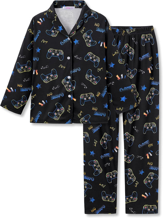 Tebbis Boys Pajamas Novelty Prints Button-Up Long Sleeve 2-Piece Size 6-18