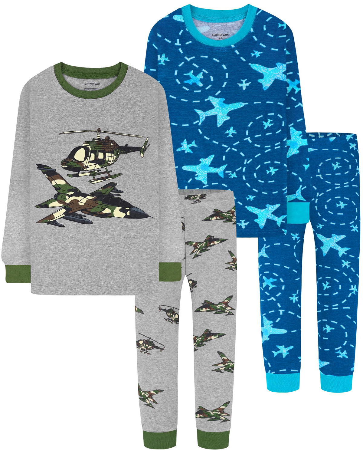 DAUGHTER QUEEN Boys Pajamas 4 Pieces Long Set 100% Cotton Sleepwear Size 18 Months-12 Years