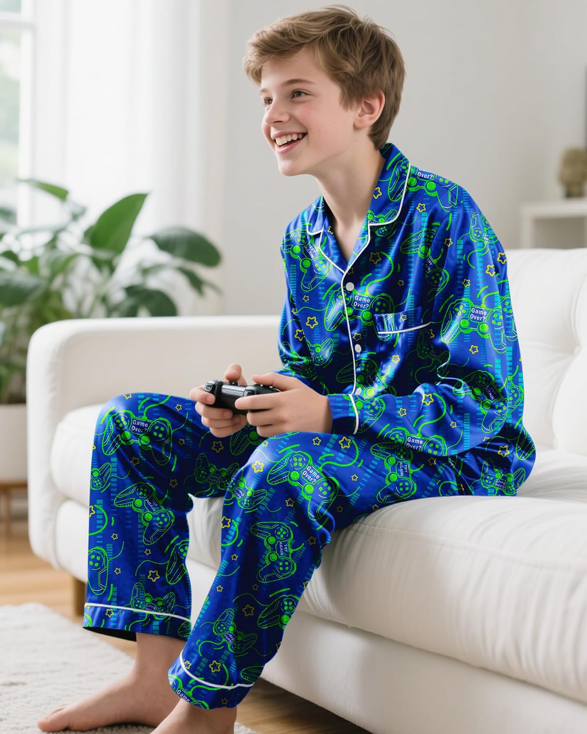 Fiodrimy Boys Pajamas Silky Satin Big Boys PJs Set 2 Piece Sleepwear Button Down Kids Jammies Loungewear Clothes Size 8-14