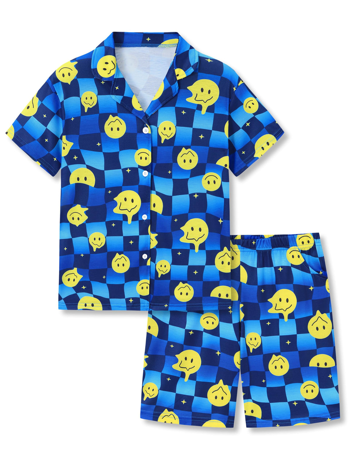 Beezizac Boys Pajamas Fun Prints Button-Down Short Sleeve Set Sizes 6-18