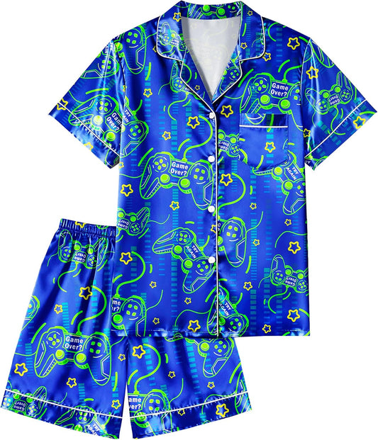 PASHOP Boys Pajamas Boys Satin Pajamas Set Summer Short Sleeve Button-Down & Shorts Pjs Kids Boy Silky Pajama Size 8-14