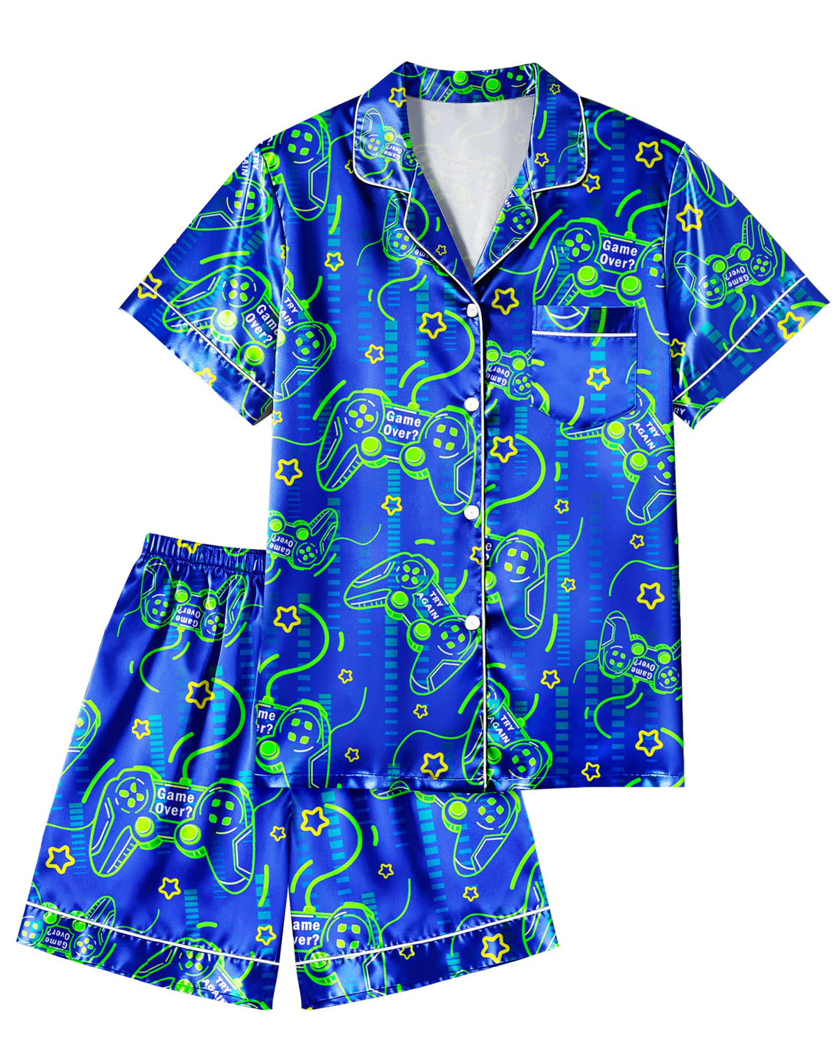 PASHOP Boys Pajamas Boys Satin Pajamas Set Summer Short Sleeve Button-Down & Shorts Pjs Kids Boy Silky Pajama Size 8-14