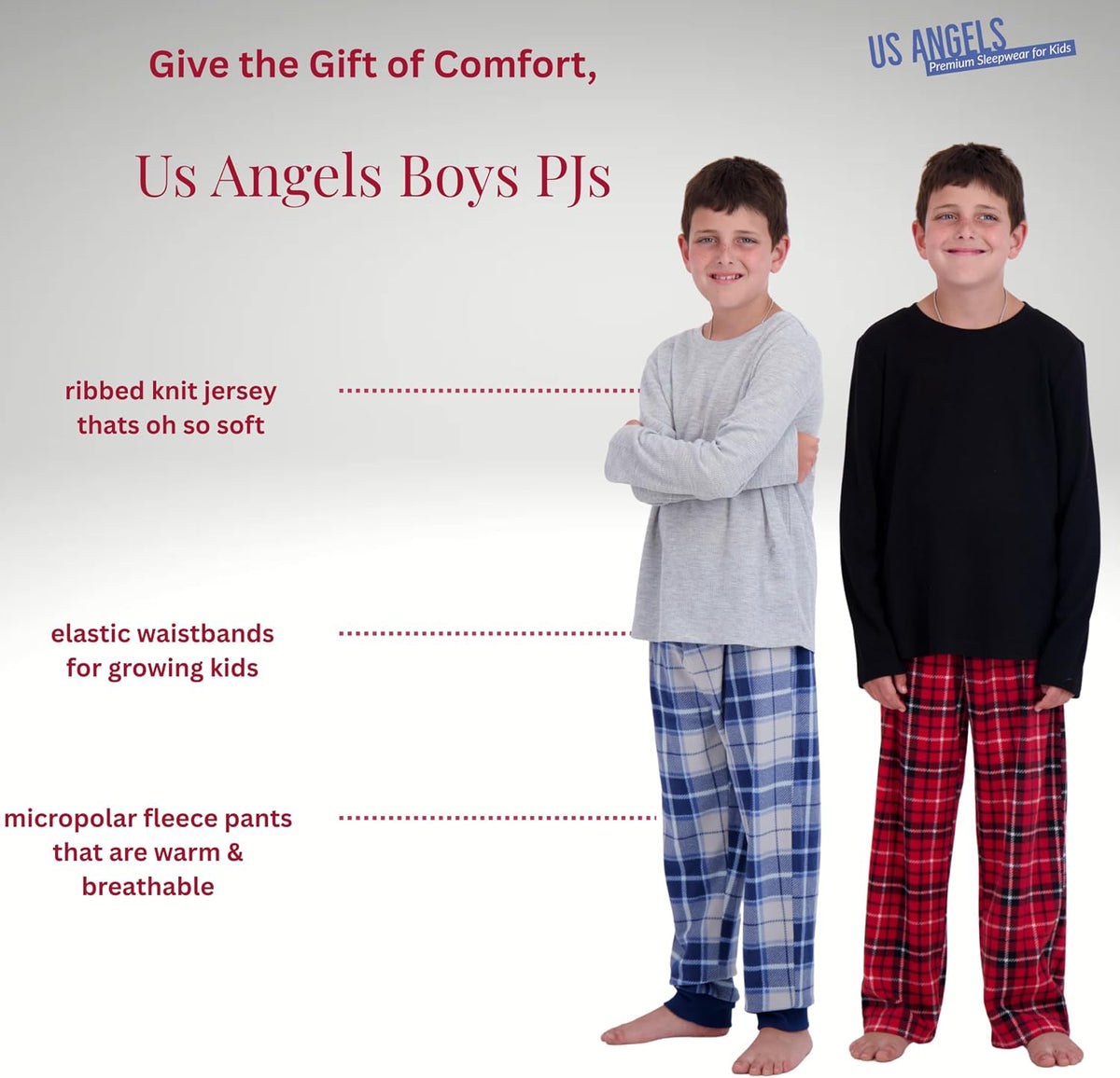 US Angels Boys Pajamas Set | 4-Piece Long Sleeve & Fleece Pants | Soft Warm Sleepwear Pjs for Kids & Teens