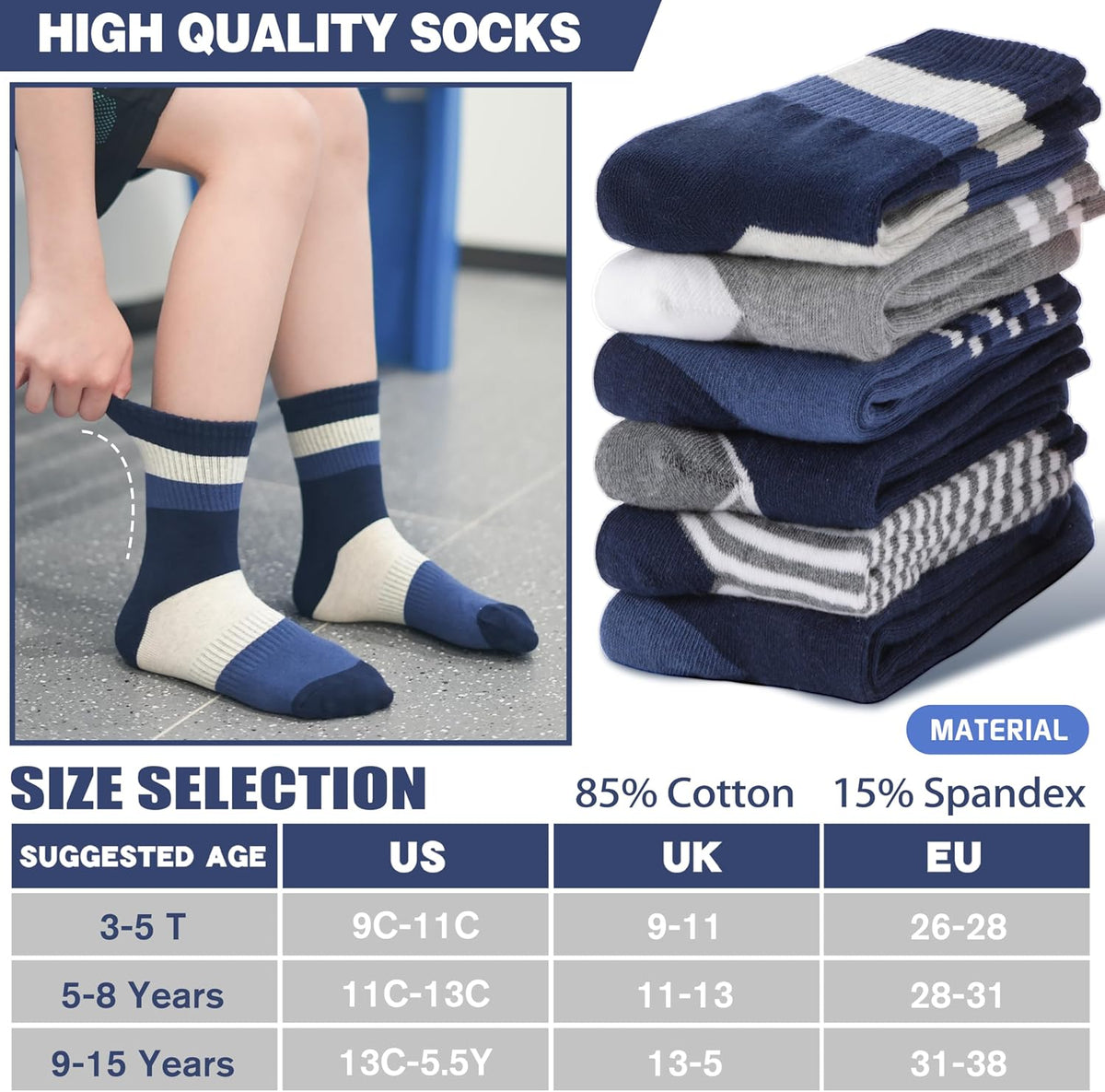 MOGGEI Boys Kids Girls Athletic Socks Basketball Sport Youth Crew Cotton Breathable Outdoor Socks 6 Pairs