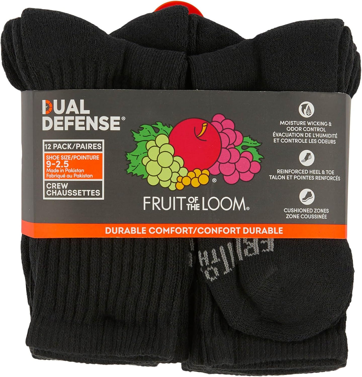 Fruit of the Loom Boys' Dual Defense Socks, Crew - 12 Pack - Black
