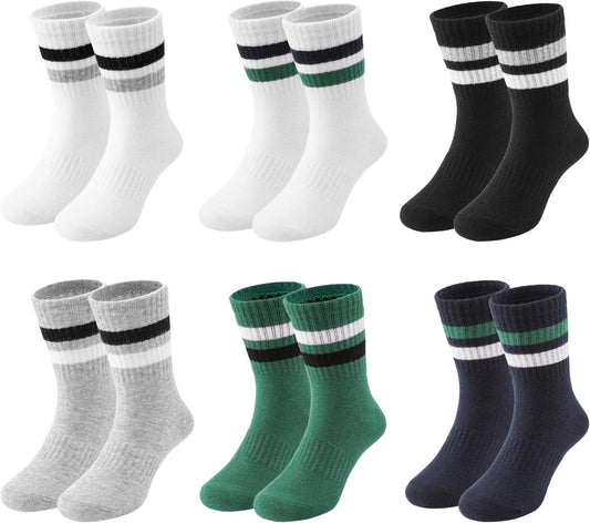 Boys Crew Socks 6 Pairs, Cotton School Socks for Kids Girls