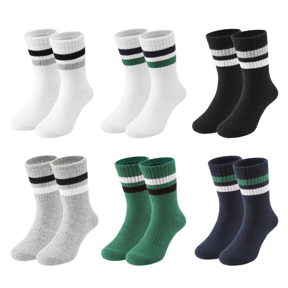 Boys Crew Socks 6 Pairs, Cotton School Socks for Kids Girls