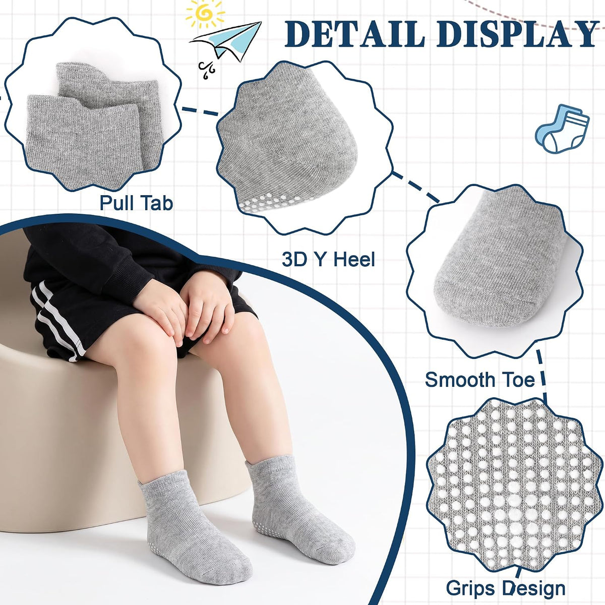 GRPSKCOS Non Slip Toddler Baby Socks 12 Pairs Anti Skid Ankle Socks for Girls Boys Grips Sock for 0-7 Years Children
