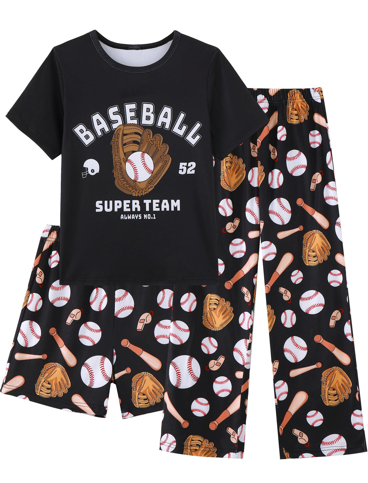 Mikrdoo Boys Pajamas 3 Piece Summer Sleepwear Soft Short Sleeves Shorts Set & Long Pants Cool PJs Size 2-14 Years